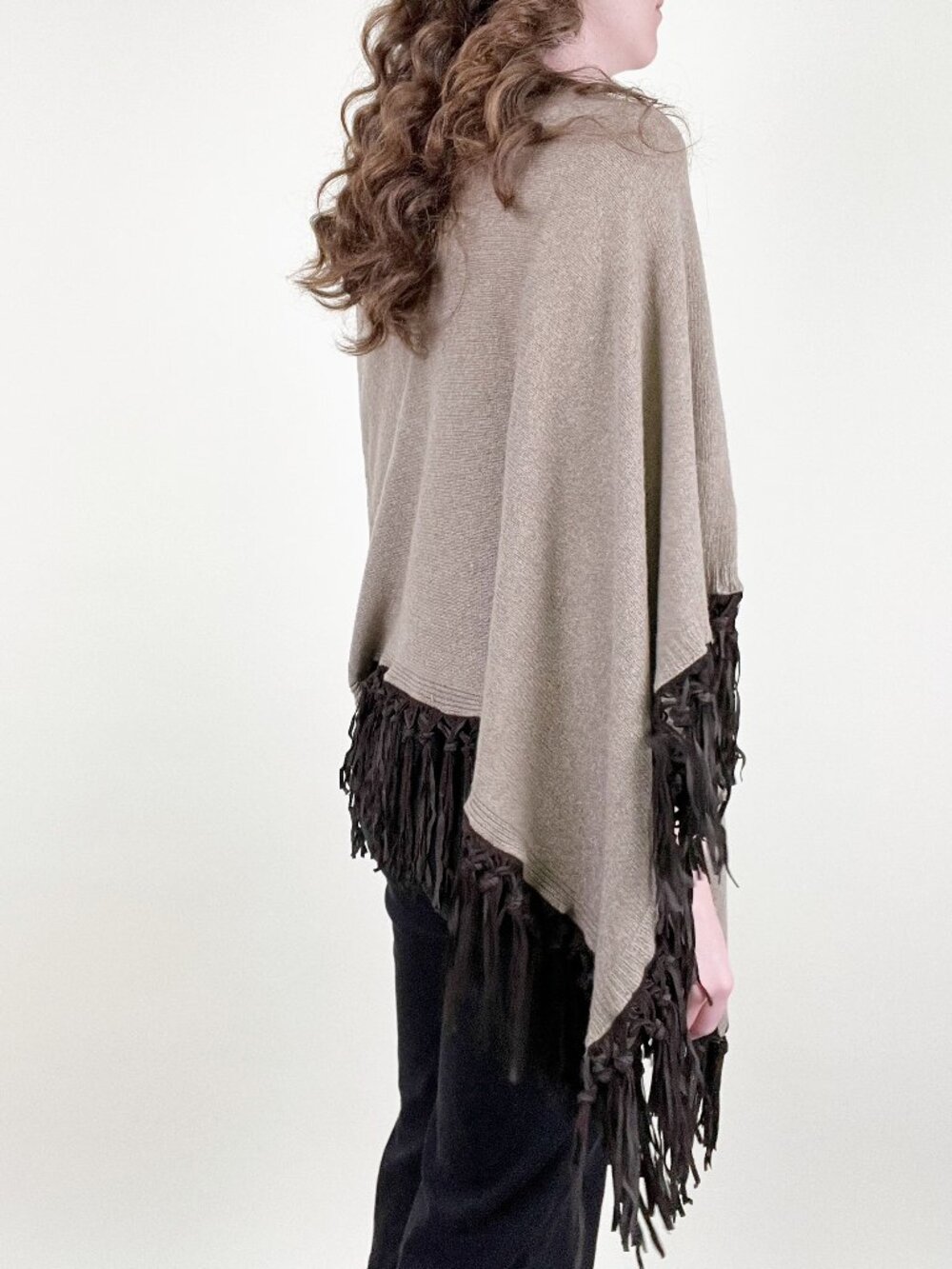 New Cashmere Wool Leather Fringe Poncho Sweater Western Boho Fall Cozy Bohemian - Picture 3 of 9
